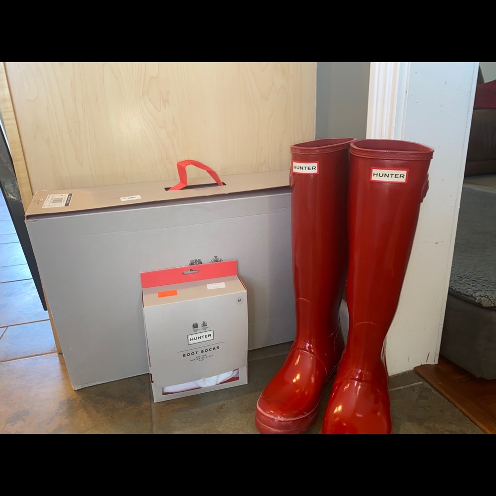 Red hunter boots and socks